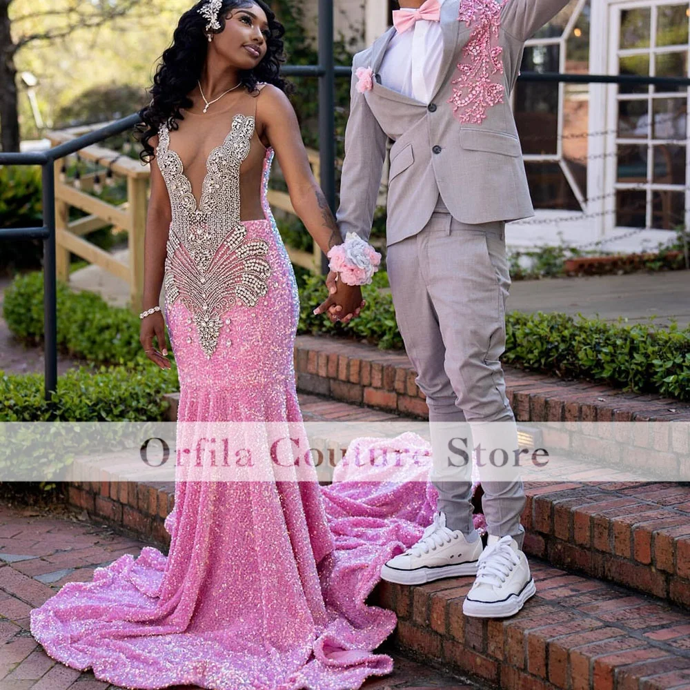 GorgeousPinkRhinestone Mermaid Evening Dress 2026 For Black Girls Women Prom Party Formal Long Train Birthday Gown Customized