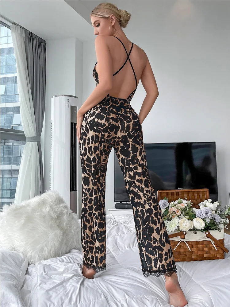 Ropa de dormir Sexy, monos elegantes con estampado de leopardo, mono entrecruzado en la espalda, ropa de salón de malla, mono con ribete de encaje