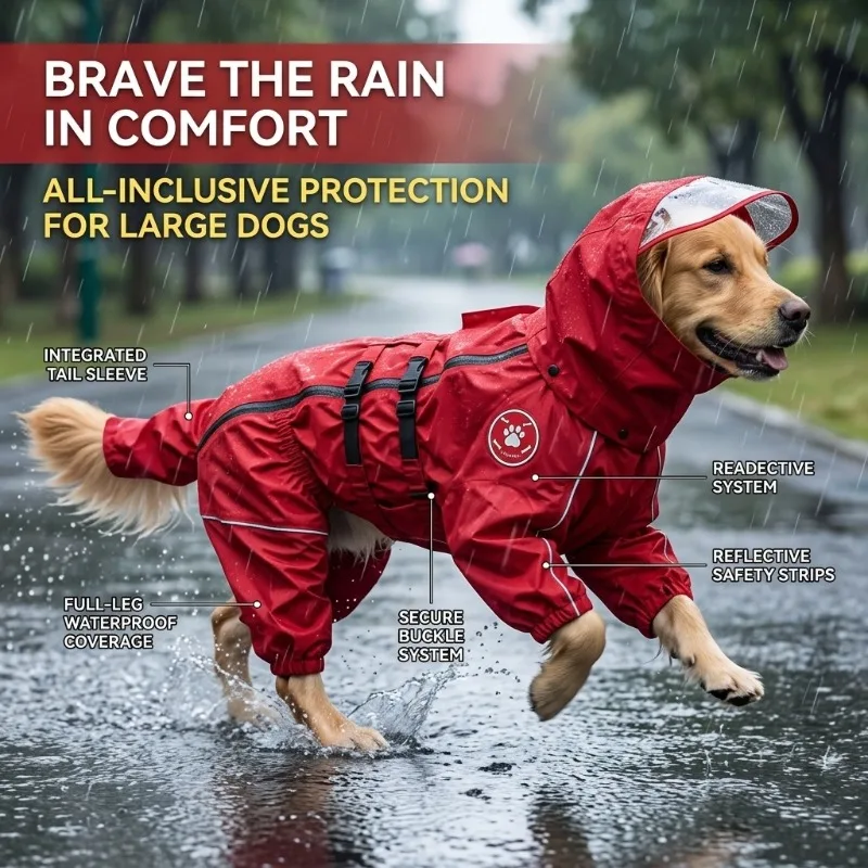 

Waterproof Dog Raincoat Jumpsuit with Detachable Hood, Full Leg Coverage Rain Jacket for Large Dogs, Reflective Adjustable