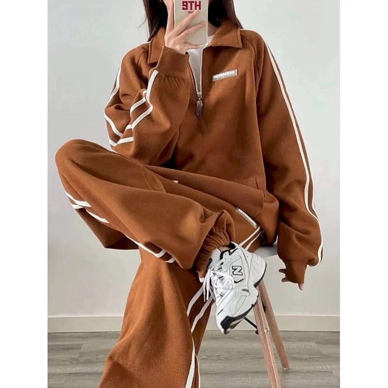 Pants Sets for Women Polo-neck Striped Pullovers Casual Sweatpants Two Piece Sets Women Outfits Loose High Street Y2k Clothes