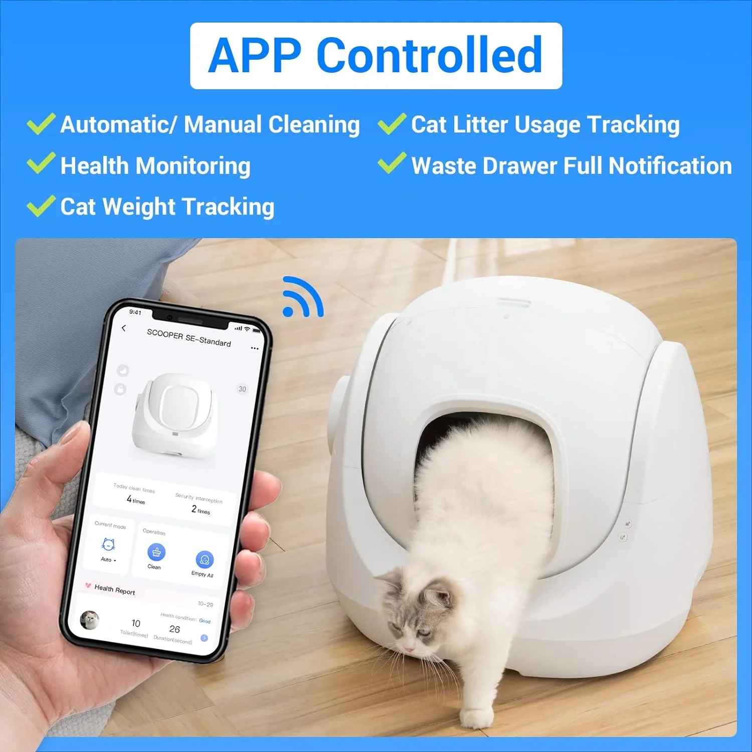 Self-Cleaning Cat Litter Box For Multiple Cats With APP Odor Control Health Monitoring Smart Cat Litter Box