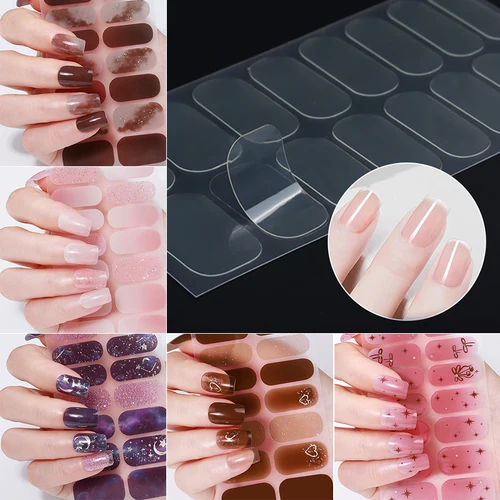 Imagen 1 del producto 16 puntas de pegatinas para uñas, rosa, morado, brillo, estilo francés, adhesivo de Color sólido, cubierta completa, tira deslizante para uñas, calcomanías artísticas para manicura DIY