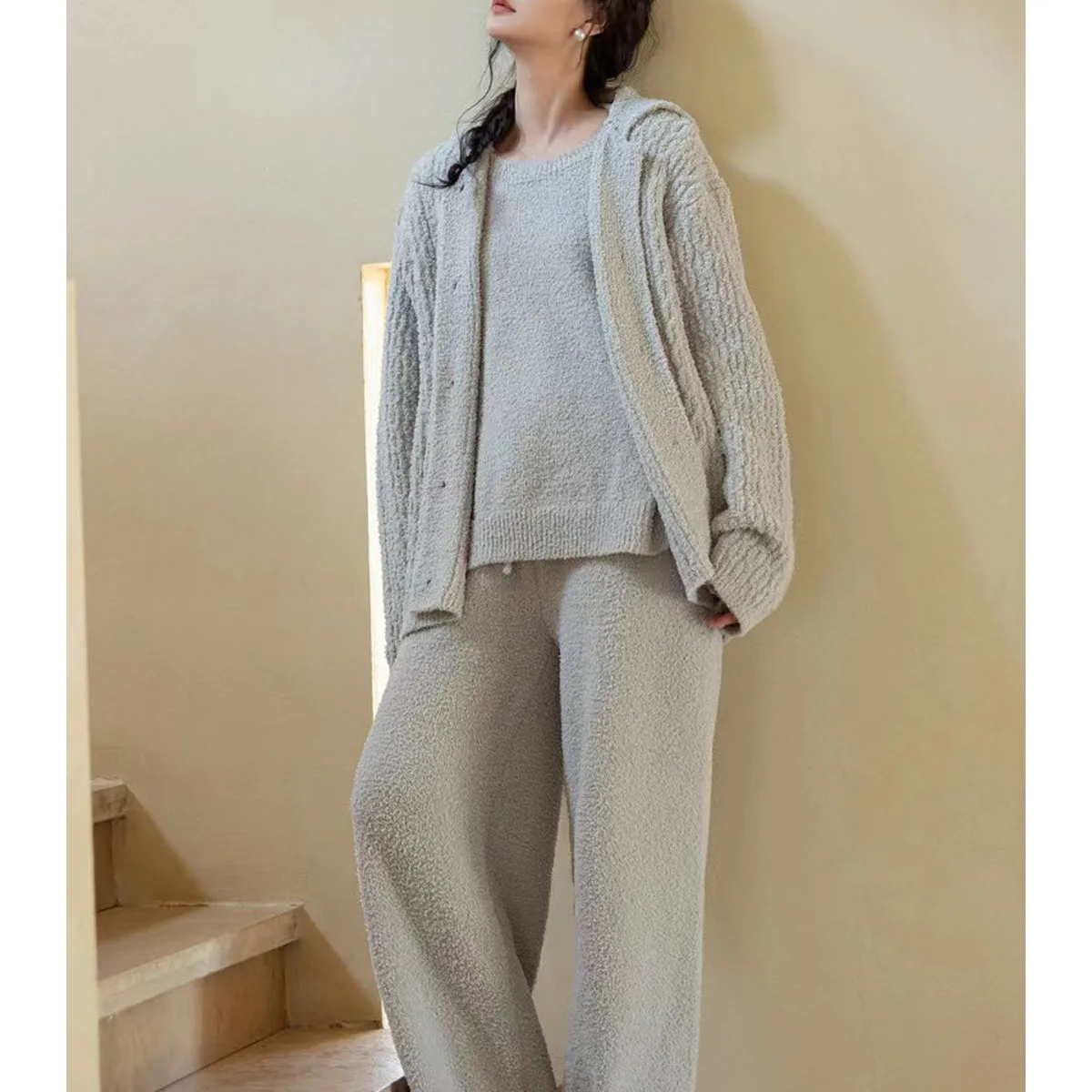 Women plush Solid oversize three piece knit lounge set ladies Casual Loose fit fuzzy cardigan vest pants knit sweater outfits