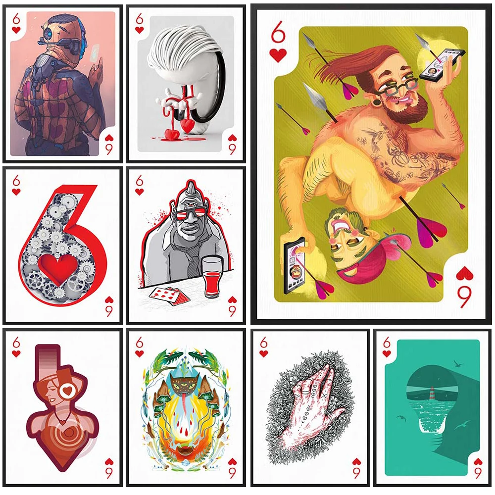 6 Playing Card Hearts Cartoon Poker Wall Pictures For Living Room Nordic Poster Wall Art Canvas Painting Home Decor Unframed