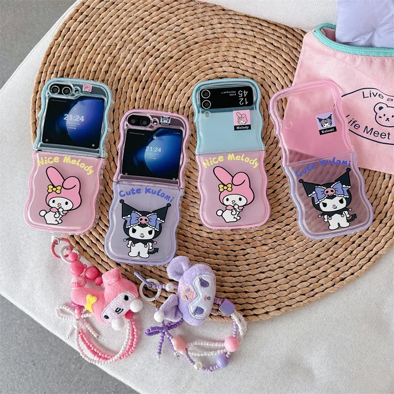 Cute Sanrios My Melody Kuromi with Lanyard Phone Case for Samsung Galaxy Z Flip 3 4 5 6 5G PC Hard Anti-drop Back Cover Funda