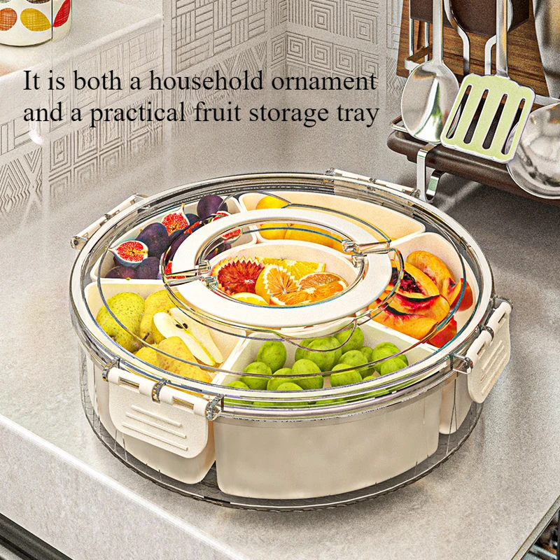 Divided Rotating Serving Tray with Lid and Handle, Portable Snackle Box for Fruits Snacks Veggie Charcuterie Clear Snack Spinner