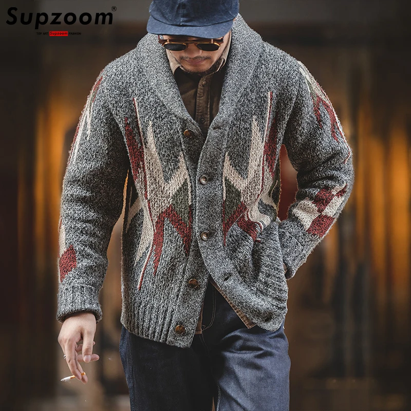 Supzoom-Cardigã de algodão espesso de peito único masculino, gola virada para baixo, suéter casual masculino, moda superior, nova chegada, 2023