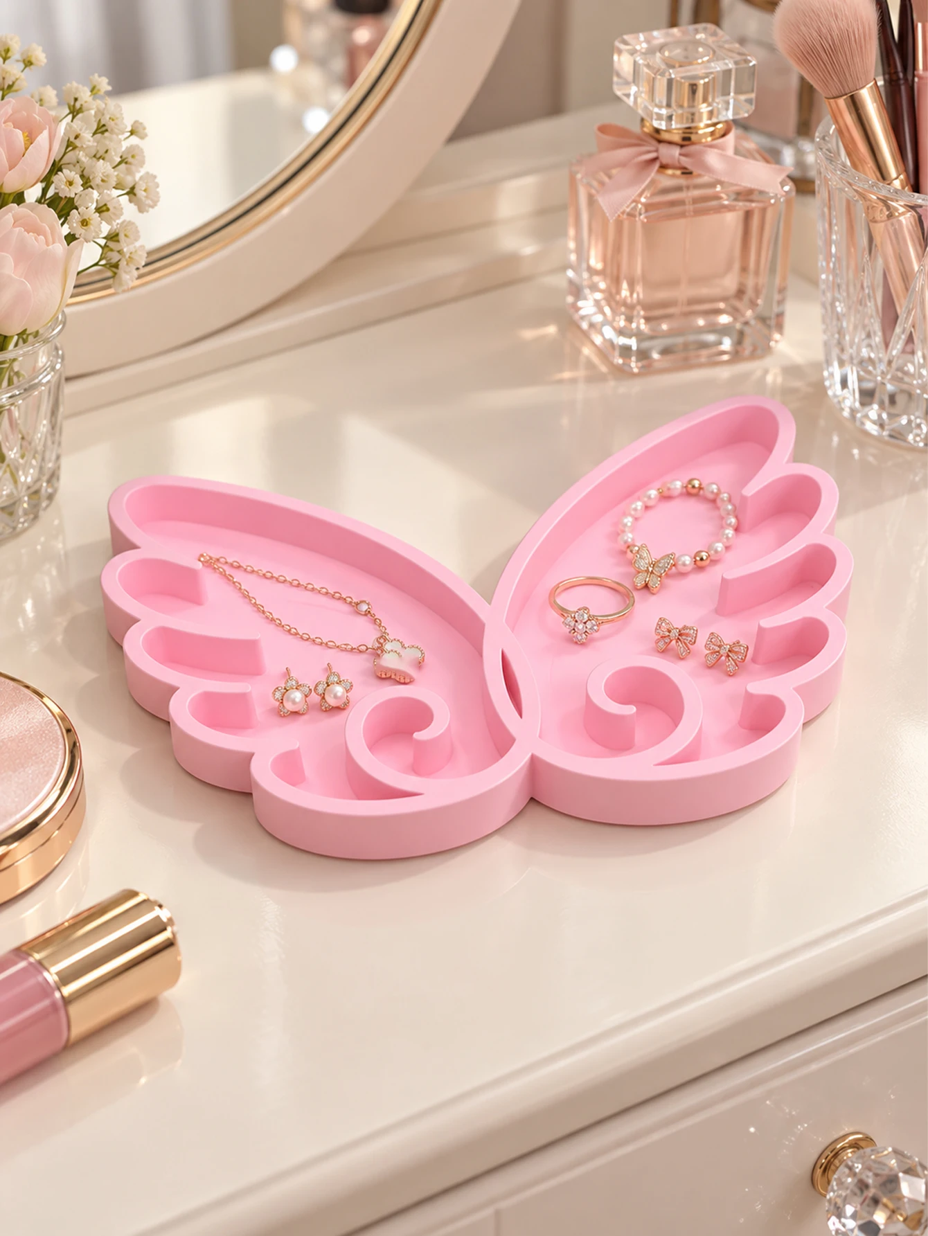 Multi-Purpose Pink Butterfly Wing Storage Tray, 3D Printed Petg Angel Wing Jewelry Dish, Dual-Compartment Sorting and Organizing Tray, Can Be Used as a Ring and Earring Jewelry Display Stand, Hairpin and Accessory Storage Tray, Office Paper Clip and Stationery Storage Box, Dressing Table Desktop Tray, Cute Girly Home Decor, Anti-Drop, Lightweight, Compact, Space-Saving, Practical Storage Item