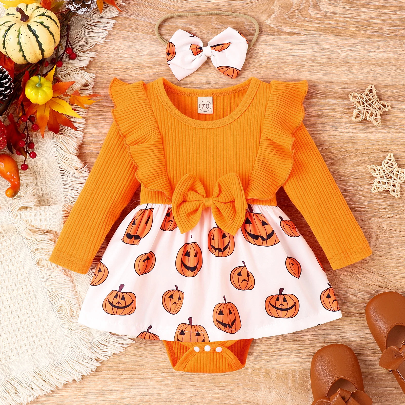 3PCS Autumn Girl Baby Aged 0-2 Years Old Orange Round Neck Smiley Face Print Long-Sleeved Top + Mesh Skirt Set