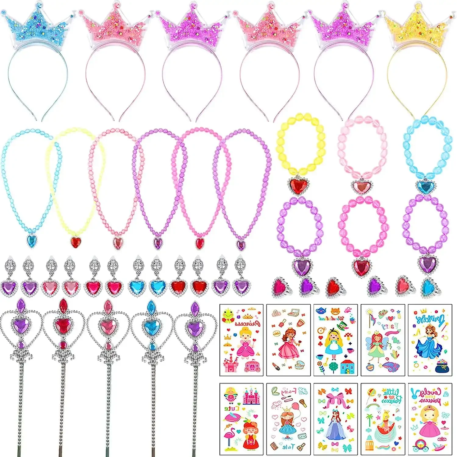 

FANGLELAND Princess Party Favors for Girls, Tattoos Fairy Wands Crown Headband Necklaces Earrings Bracelets Rings Toys Supplies