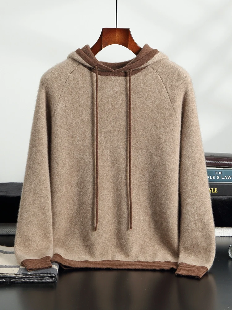 Autumn Winter New Men's Pure Cashmere Pullover Sweater Hooded Sweatshirt Clashing Color Knitwear Casual Versatile Thickend Layer