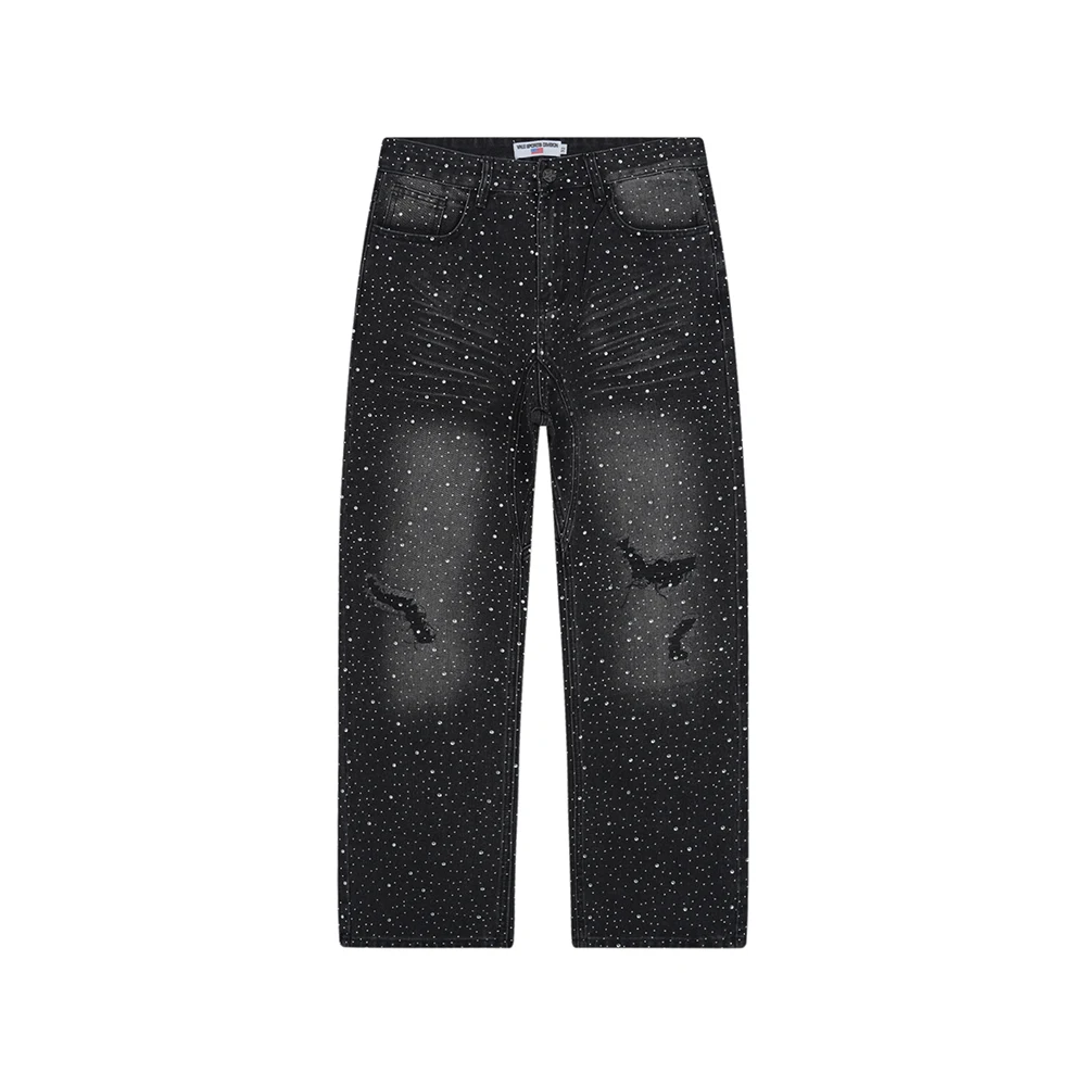 Vintage glanzende strass gewassen gat noodlijdende baggy jeans broek voor mannen rechte casual losse gescheurde denim broek