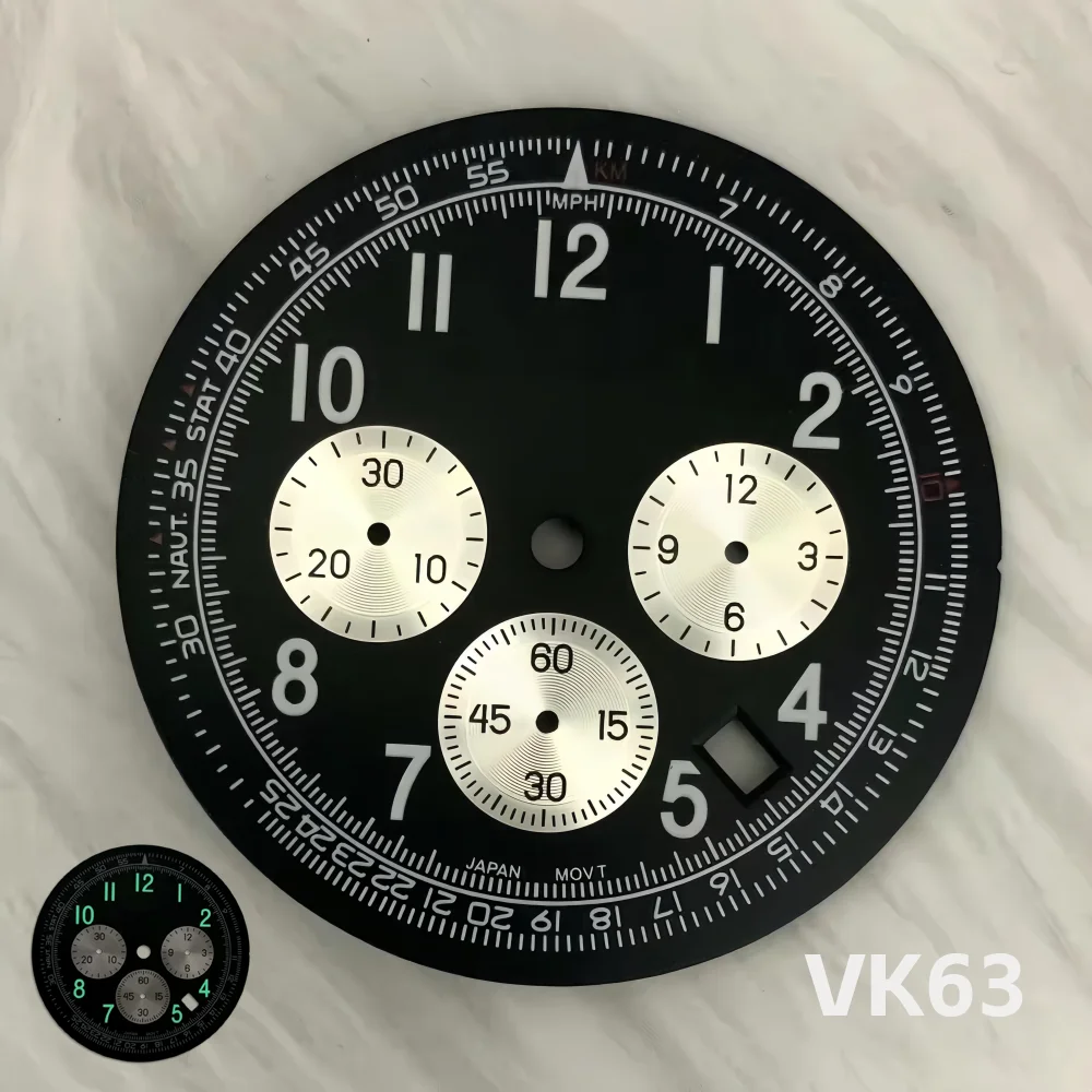 VK63 Dial 36.8mm S Dial Green Luminous Chronograph Surface 6 Hands, Suitable for Quartz VK63 Movement Modification Parts