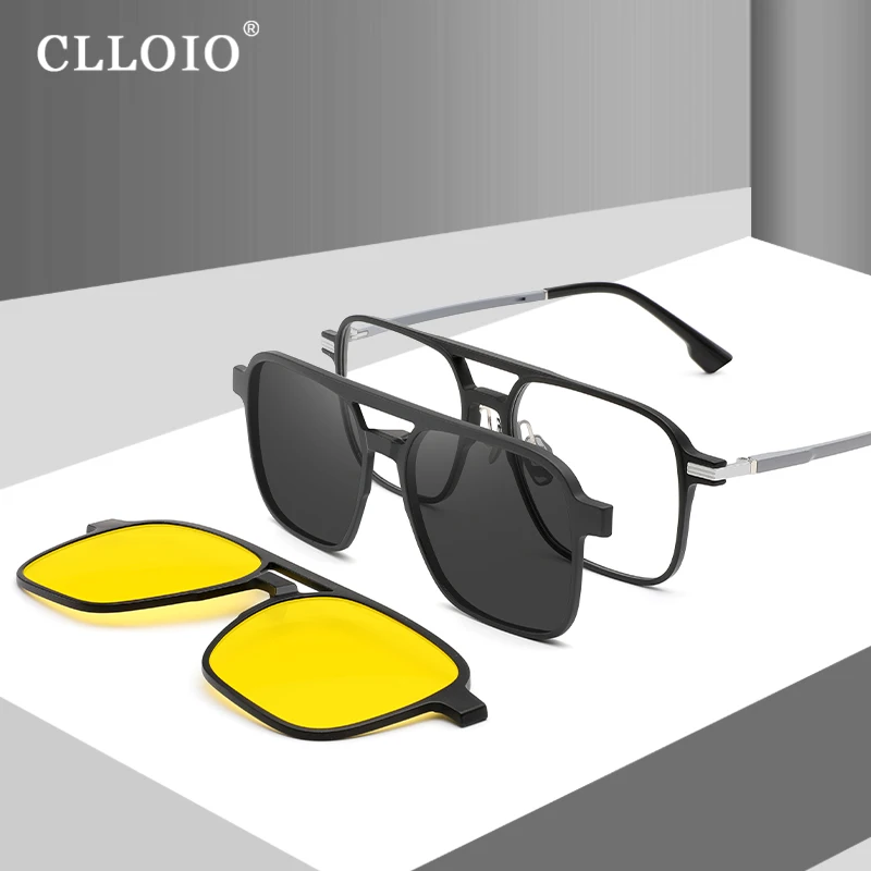 CLLOIO Men Square TR90 Magnetic Clip On Sunglasses Polarized Day Night Vision Driving Glasses Customized Optical Lens UV400 9018