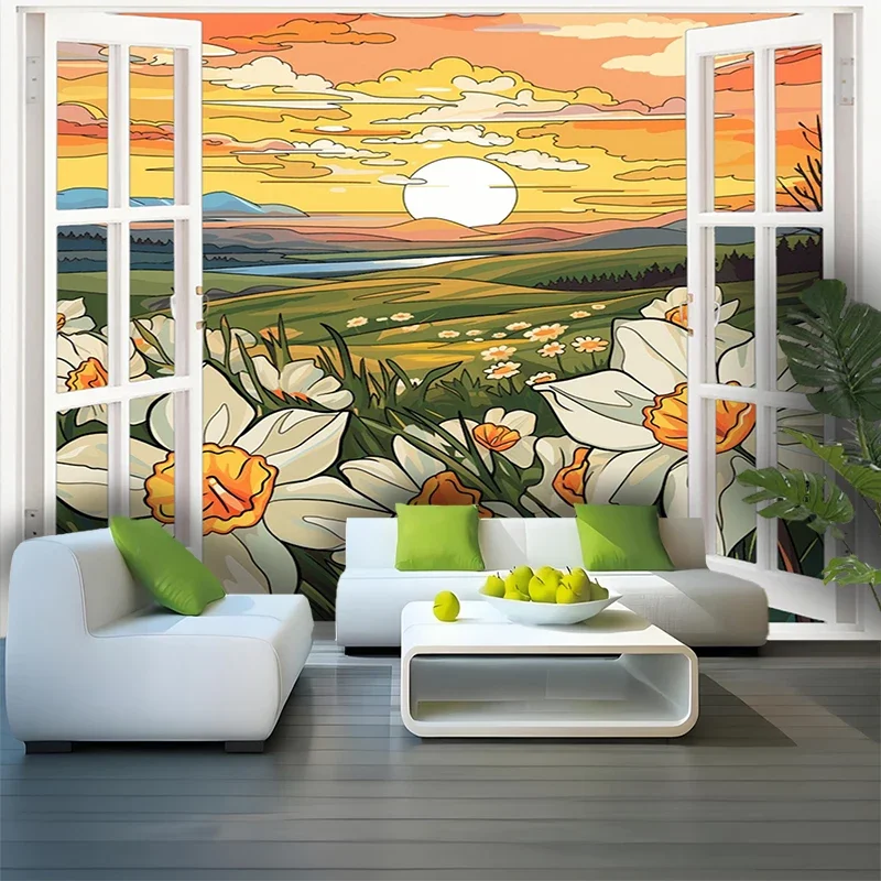 Vibrant Sunrise Meadow Floral Window Mural Wall Art Tapestry for Living Room Bedroom Home Decor