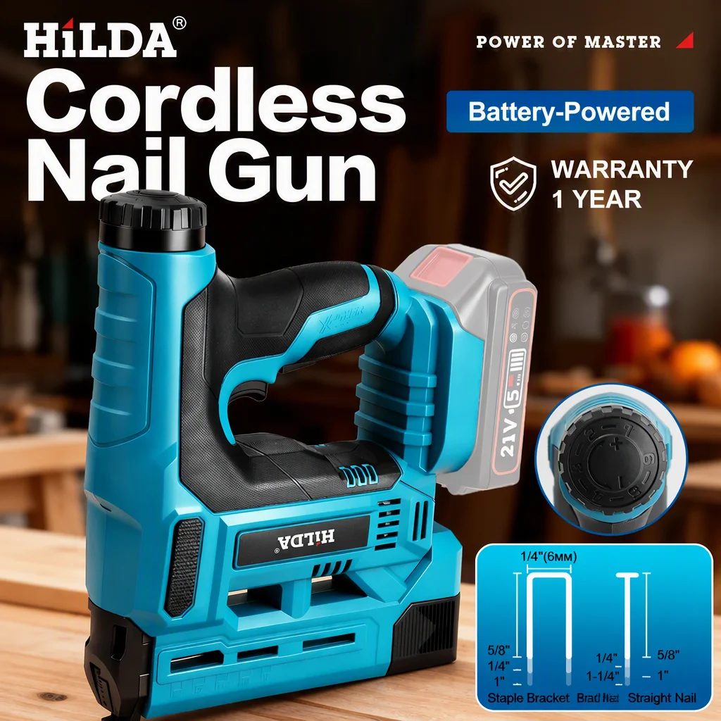 HILDA Rechargeable Electric Nail Gun 2‑in‑1 Staple Gun 1‑6 Gears Power Adjustment Portable Cordless Nailer for Woodworking