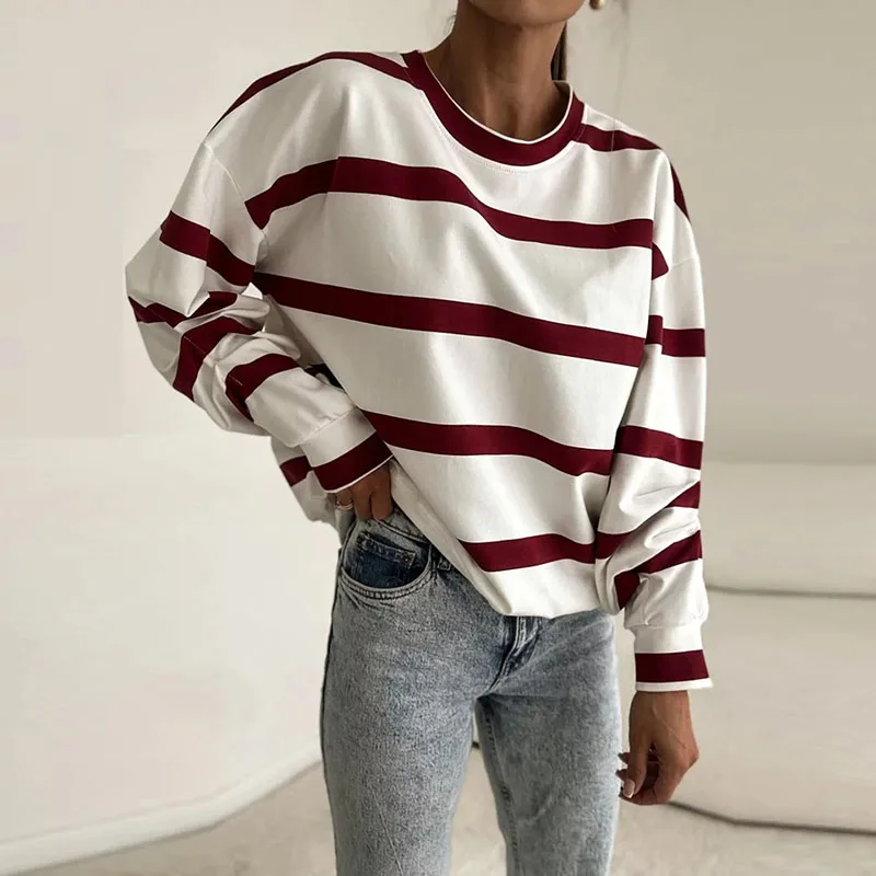 Y2K Hoodies Casual Striped Print Sweatshirts Woman Fall Round Neck Loose Top Pullover 2024 Winter Long Sleeve T-shirt Sweatshirt