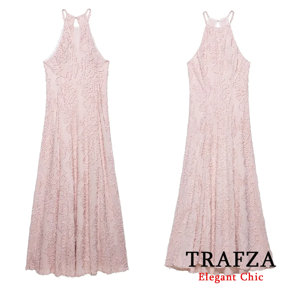 

TRAFZA Women Elegant Dress Texture Sleeveless Halter Long Dress 2025 New Spring Summer Fashion Vacation Beach Party Date Dresses