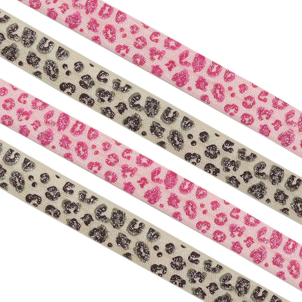 5/8' 15mm Glitter Ink Leopard Pattern Printed FOE Band Fold Over Elastic Ribbon For Knot Hair Ties DIY Sewing Accessories