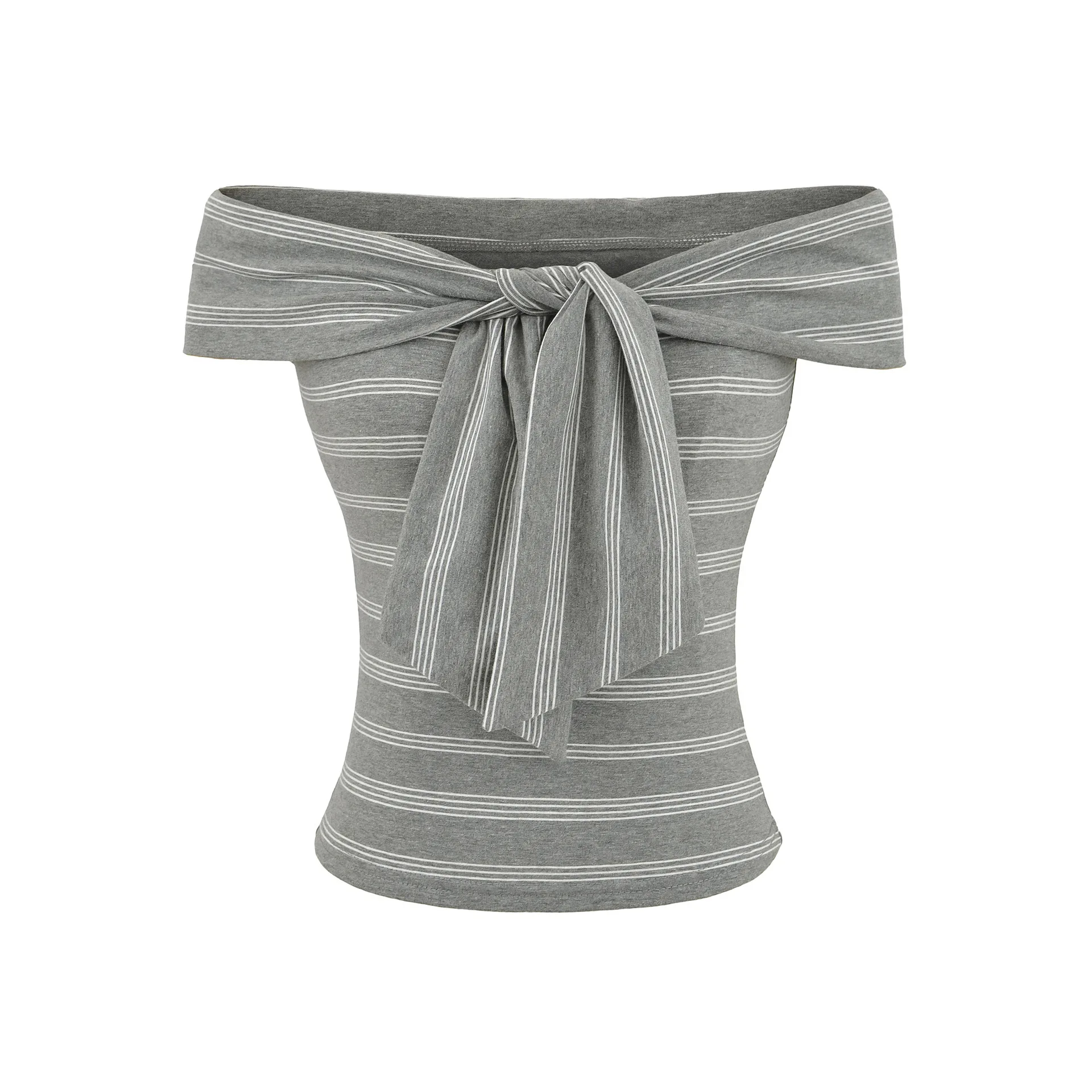 Spicy Girl Off-Shoulder Striped T-Shirt for Women 2025 Summer New Tie Knot Slim Fit Short Sleeveless Top 55A1