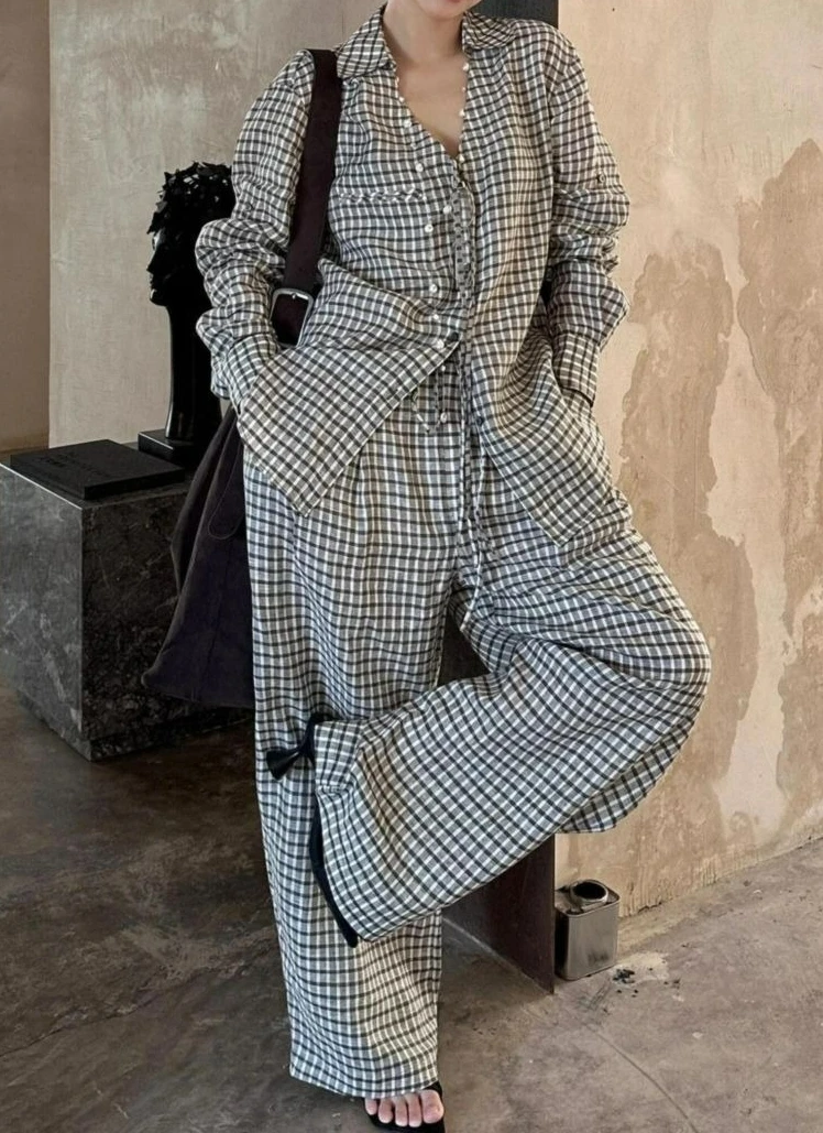 Spring and Autumn New Plaid Pajamas Women's Long-sleeved Suit Lazy Girl Loose Loungewear Can Be Worn Outside