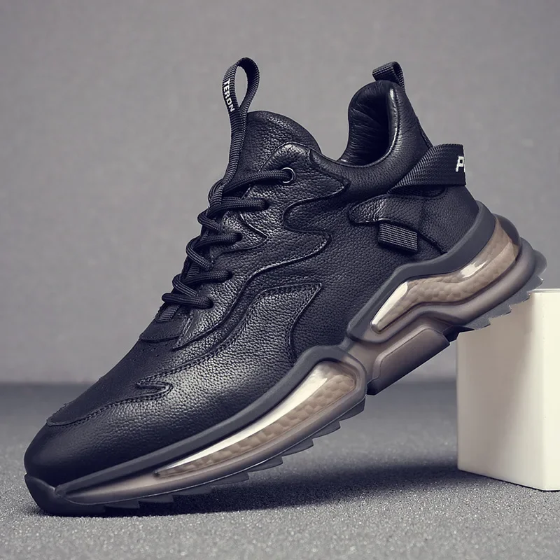 New Men Genuine Cow Leather Running Shoes Youth Students Outdoor Walking Trainers Male Comfortable Sole Black Jogging Sneakers