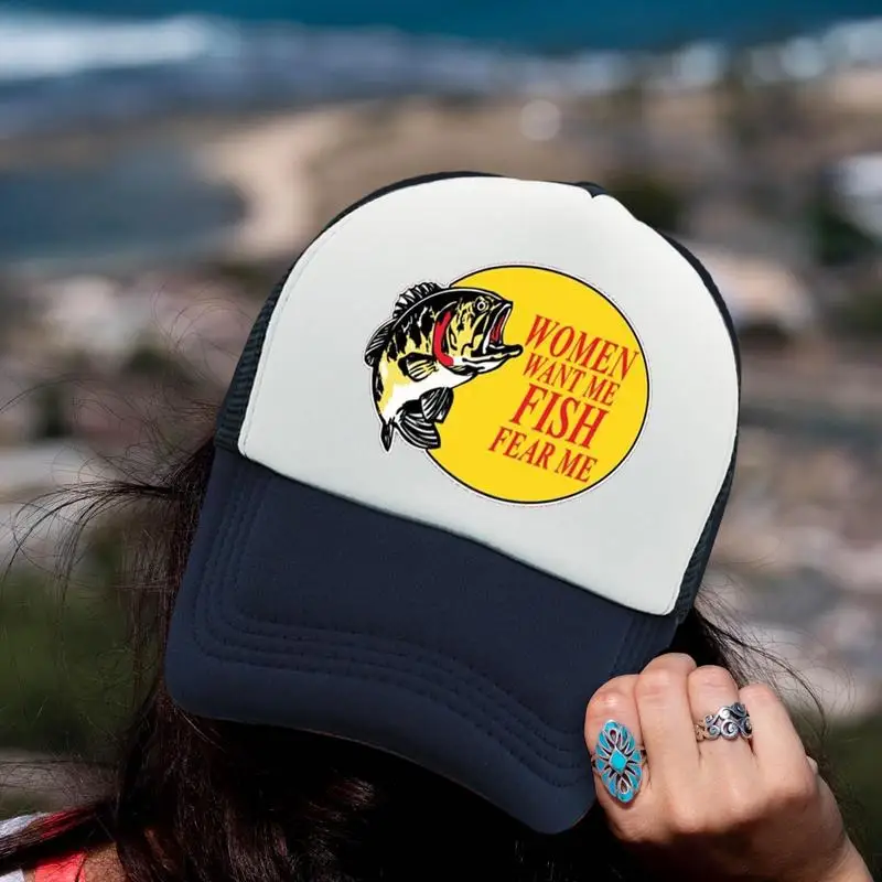 Fashionable Fishing Hat Women Want Me Fish Fear Me Funny Printed Caps Sunshade Baseball Caps For Men Outdoor Fishing Camping