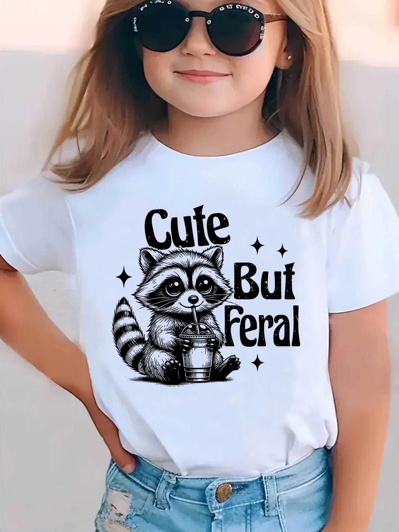 Kids Boys Girls Family Matching T Shirt Cute But Feral Raccoon Drink Graphic Print Short Sleeve Tee Casual Parent Child Tops