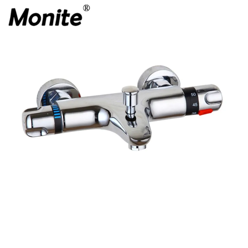 

Monite Wall Mounted Bathroom Thermostatic Mixer Taps Chrome Solid Brass Bathtub Sink Basin Faucet Set Exposed Shower Faucet