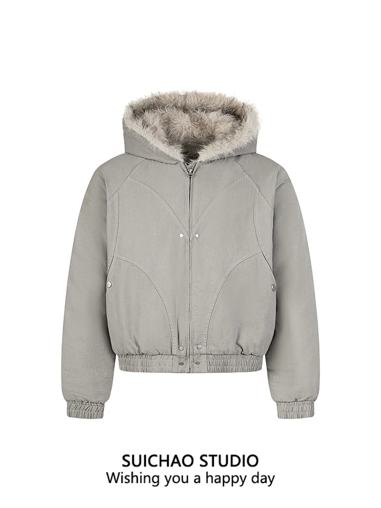 

Suichao American Retro Fce Lined Hooded Cotton Jaet Men's Loose Fit Color Winter Coat Warm Casual Polyester Inner