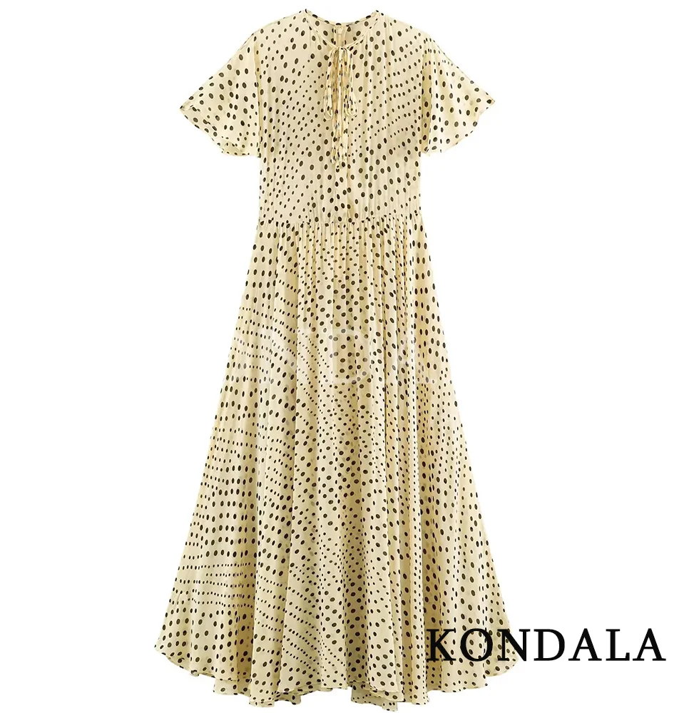 KONDALA Damen Trendiges Urlaubskleid mit Polka Dots, Gelbes Kleid mit Schleife und Kurzen Ärmeln, Neue Mode 2026 Frühling Sommer Strandkleid