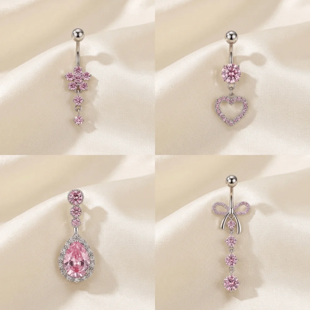 

Sexy Copper Zircon Belly Button Ring Long Dangled Flower Crystal Stainless Steel Navel Piercing Metal Pink Body Jewelry Gift