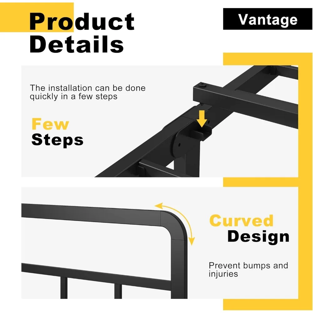 إطار سرير كوين معدني قوي مع لوح رأسي، لا يتطلب صندوق زنبركي، سرير بمنصة شديدة التحمل مع شرائح فولاذية لمستلزمات المراتب