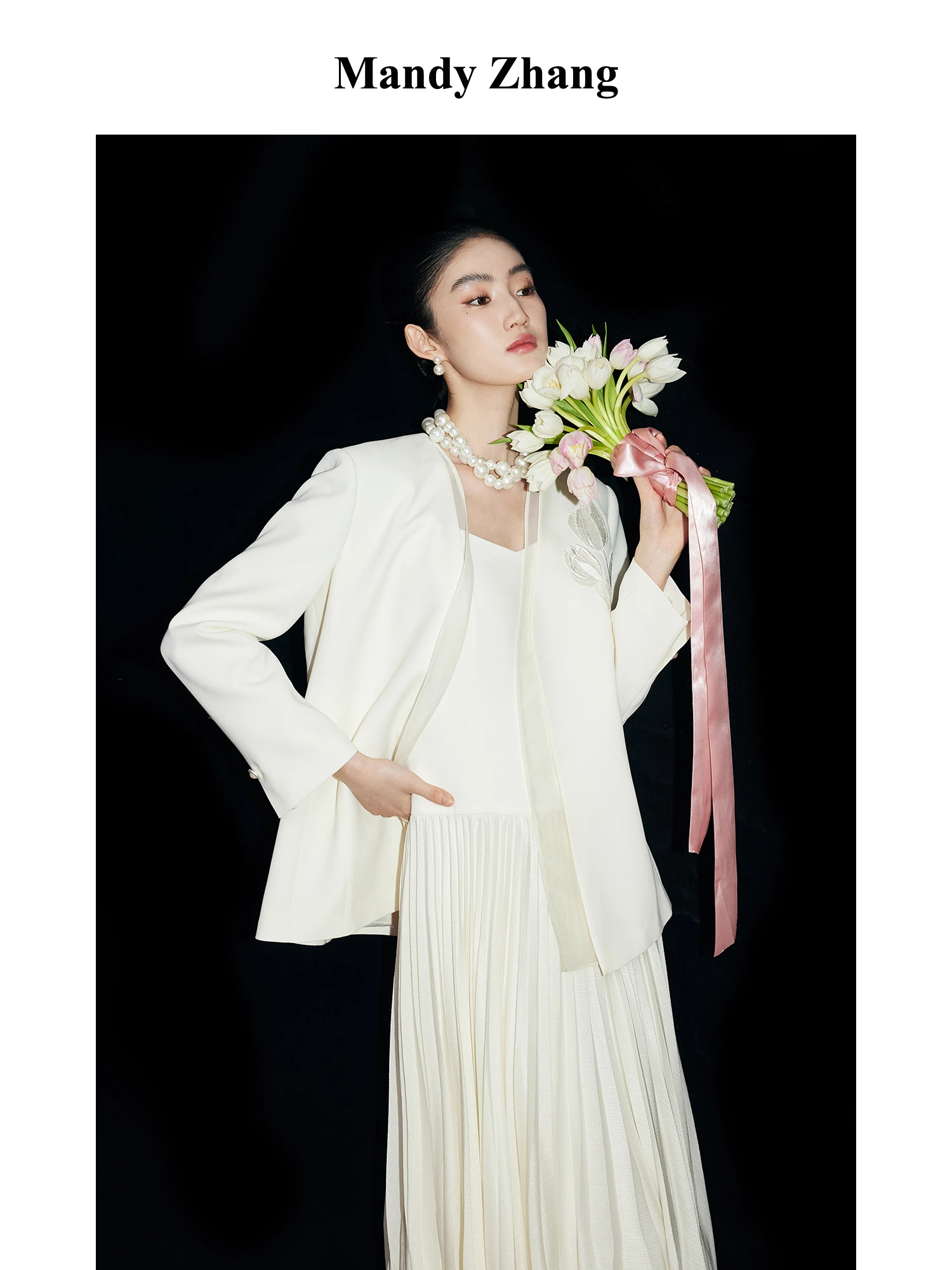 

Женский ацетатный костюм MandyZhang: пиджак с V-образным вырезом, вышивкой и изысканным тюльпановым узором, прямой крой, длинный рукав