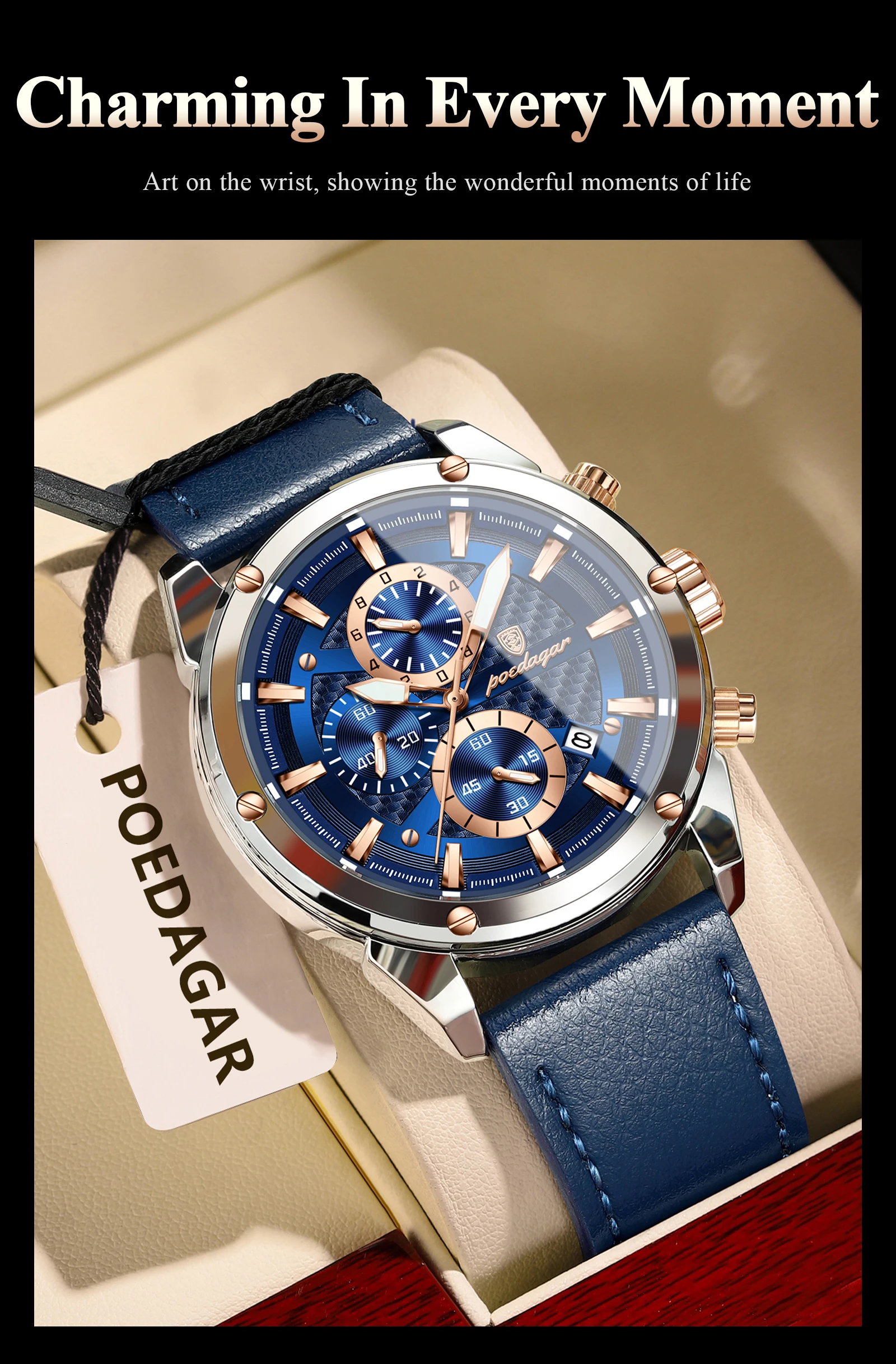 POEDAGAR Business-Mann-Uhr, wasserdicht, leuchtend, Chronograph, Datum, Original-Uhren für Herren, Leder, Luxus-Herren-Quarz-Armbanduhr – Detail 5