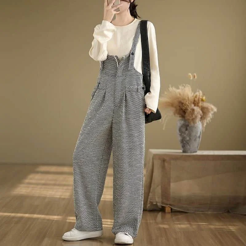 Striped Jumpsuits for Women Korean Style Straight Pants Loose Vintage Playsuits Casual Workwear Trousers Autumn Women Clothes