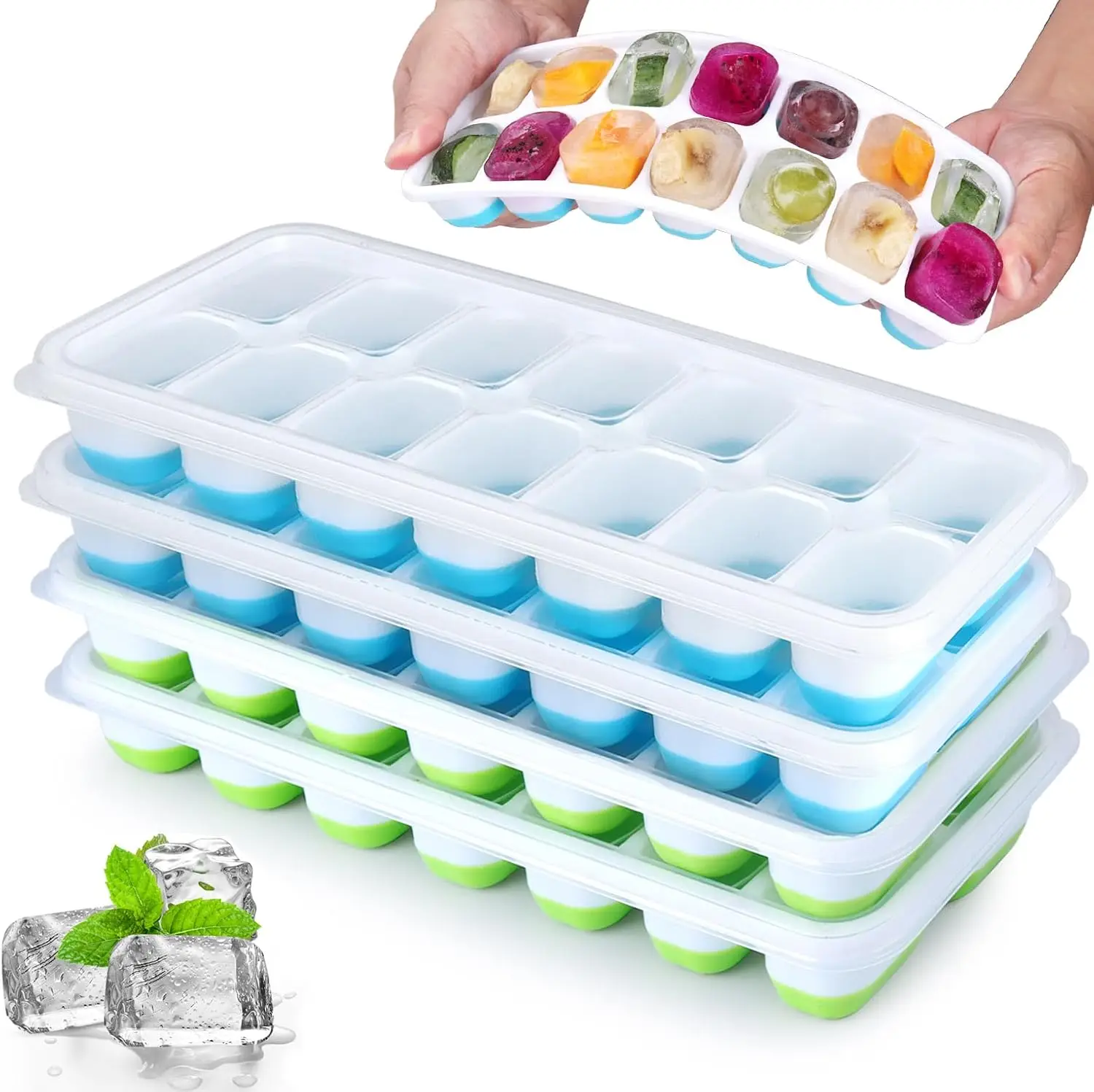 Silikon-Eiswürfelformen 14-Eiswürfel-Fächer Wiederverwendbare Silikon-Eiswürfelform mit Deckel Superleicht zu Entnehmende Eiswürfelformen für die Küche
