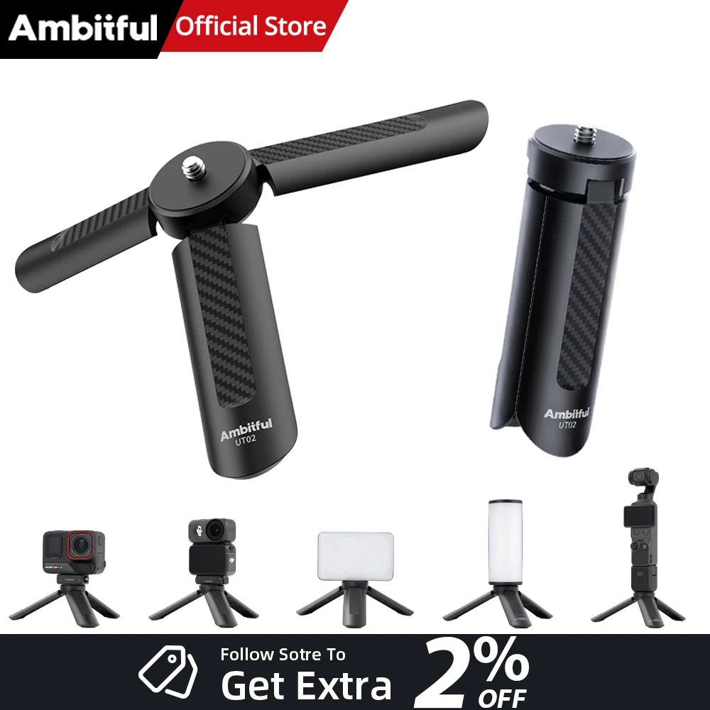 AMBITFUL UT02 Mini trépied portable avec interface 1/4 pouce, accessoires pour caméra d'action, DJI OSMO, GoPro, anneau lumineux, stabilisateur de téléphone