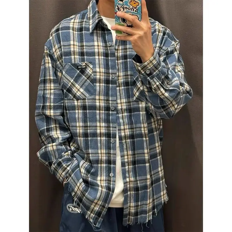 

Мужская повседневная куртка свободного кроя в американском стиле, синяя в клетку, на пуговицах, для молодежи, зимний сезон