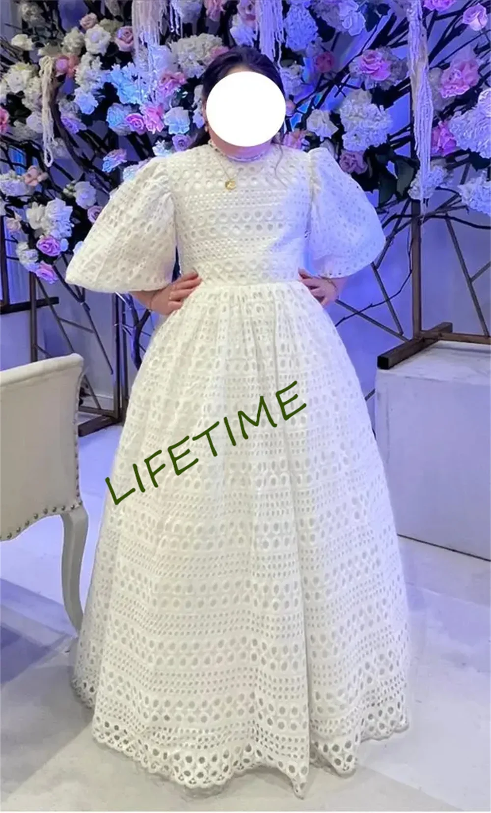 Customized Sleeve White Lace Flower Girl Dress for Wedding Puffy Balloon Sleeve Pricness Pageant Birthday High Neck Girl Dresses