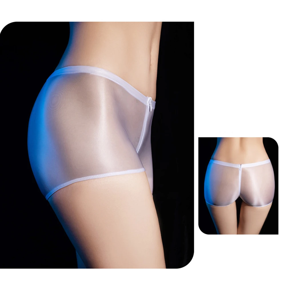 Women Oil Shiny Panties Transparent Zip Up Underwear Smooth Glossy Sheer Ultra-thin Elasticity Brief Breathable Lingerie