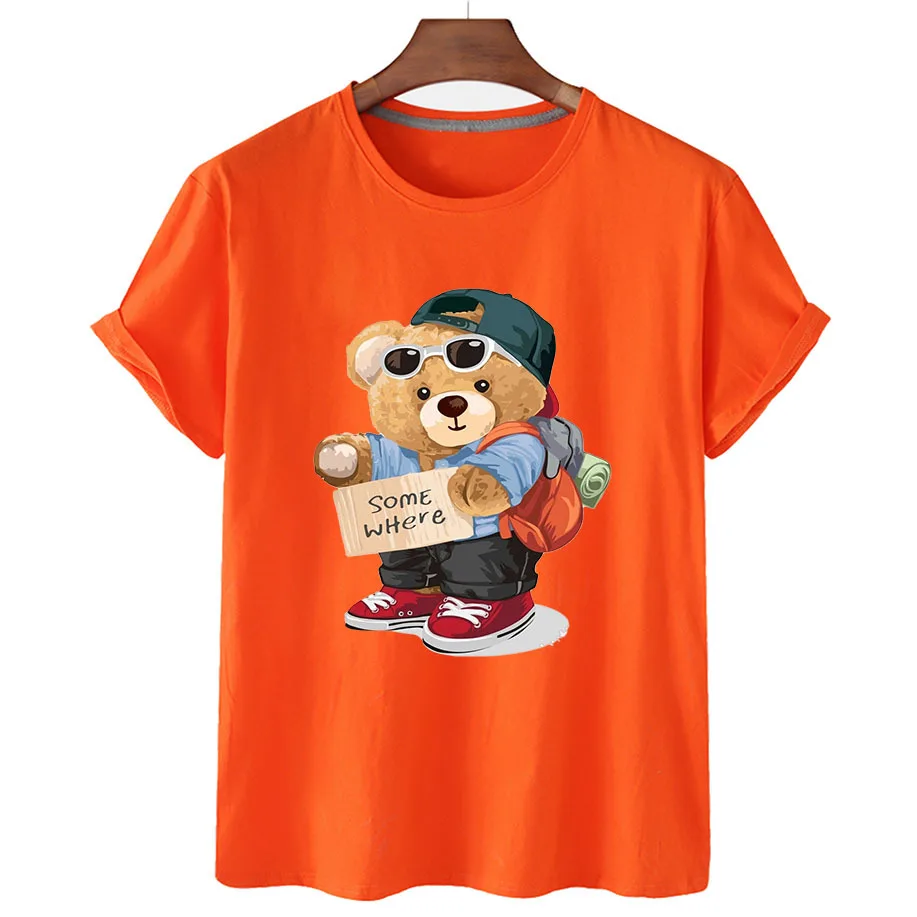 100% Cotton Mountaineering Bear Print Short Sleeve T-shirt Women's Summer Women's Casual T-shirt Unisex Short Sleeve T-shirt