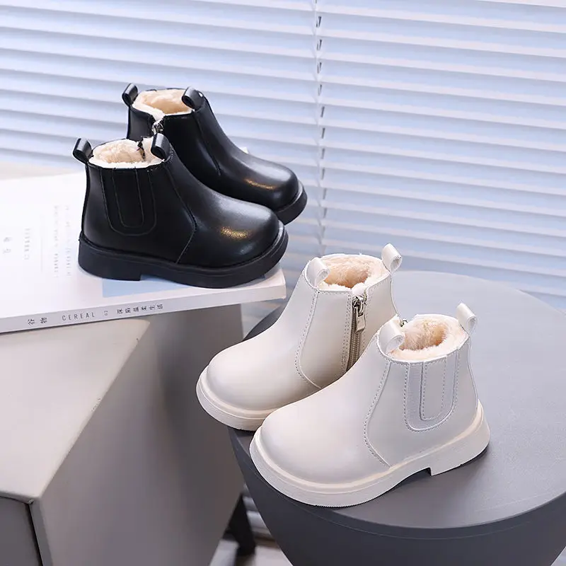 

Kids'Casual Shoes Boots PU Leather Solid Color Winter Shoes For Girls Anti-slip Soft Bottom Beige Black Shoes Size 22-31