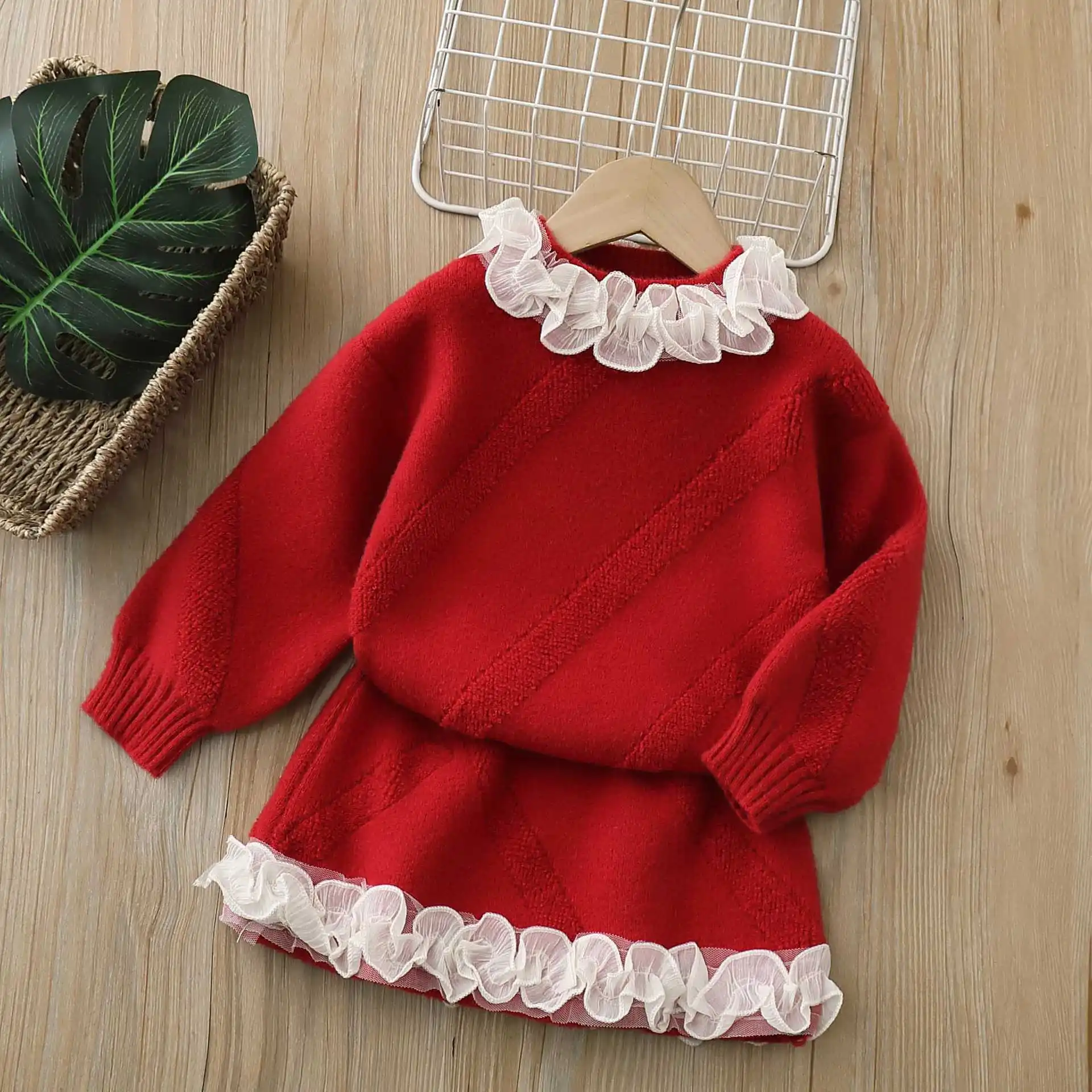 Autumn Winter Girl Sweater Mini Skirt Set Knitted Suits Lace Ruffled Baby Toddler Kids Clothes Elegant Princess Outfit Knitwear 4