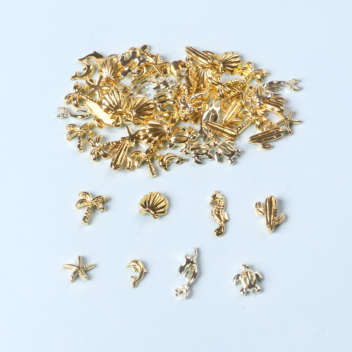 50PCS Mixed 3D Gold Summer Ocean Shell Starfish Metal Manicure Nail Decoration Mermaid Coconut Tree Nails Art Charms