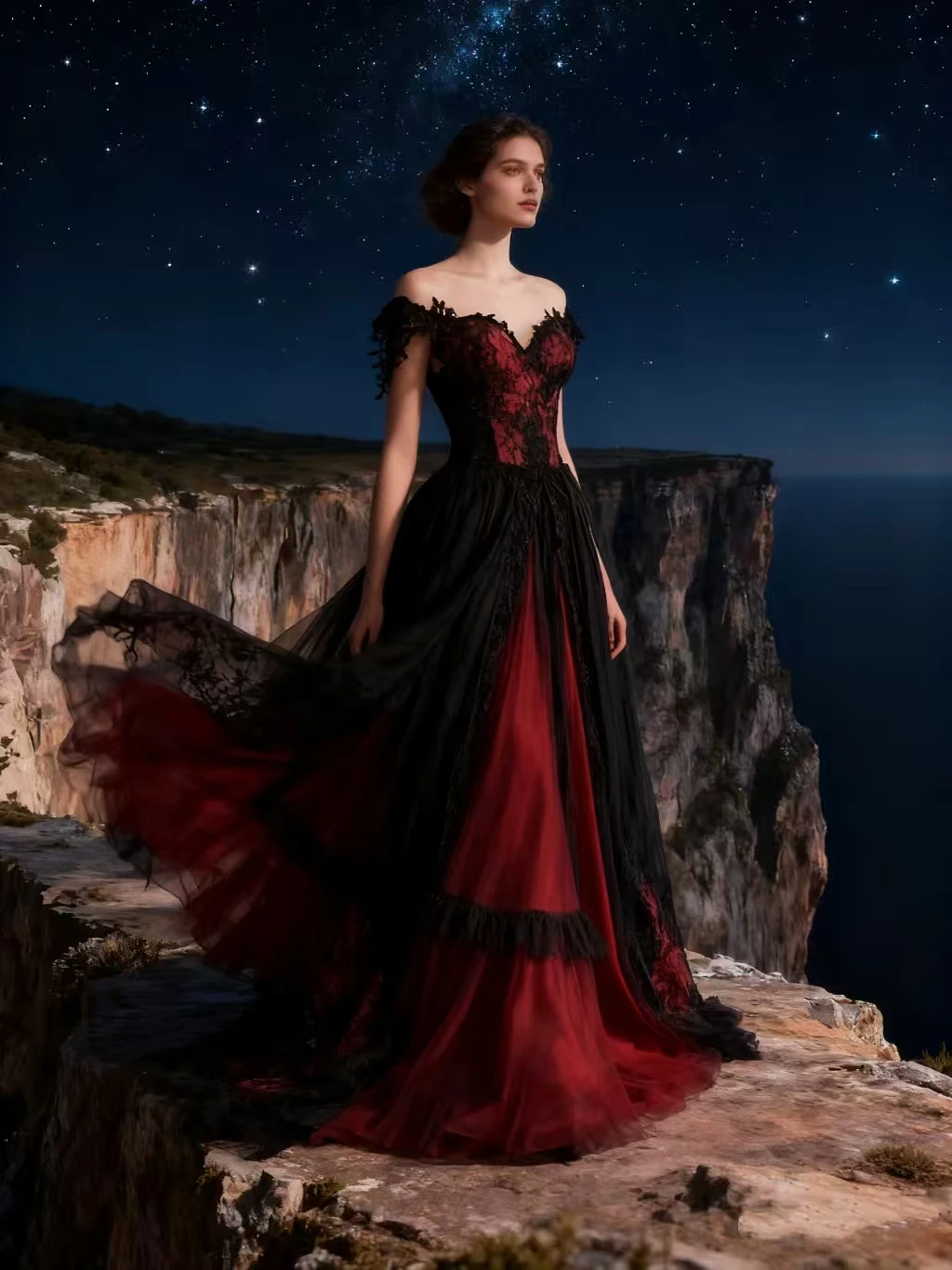 Dark Red And Black Wedding Dress Off The Shoulder A-Line Gothic Wedding Gowns Lace Appliques Back Lace-Up Customized