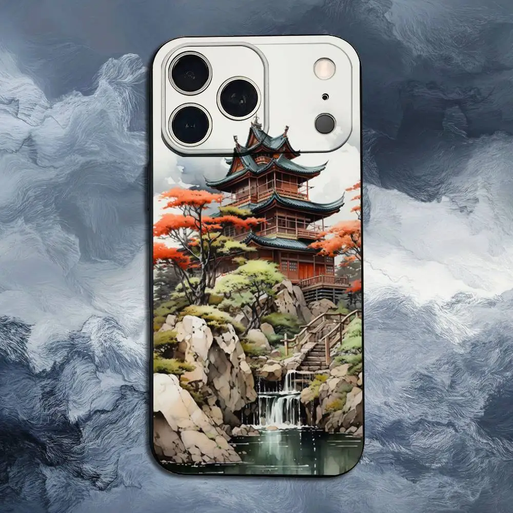 Sakura templo arte japonesa para iphone 13,16,11,14,17,15,plus,pro max,xs,x,xr,se,mini,8,7, capa de telefone silicone macio preto