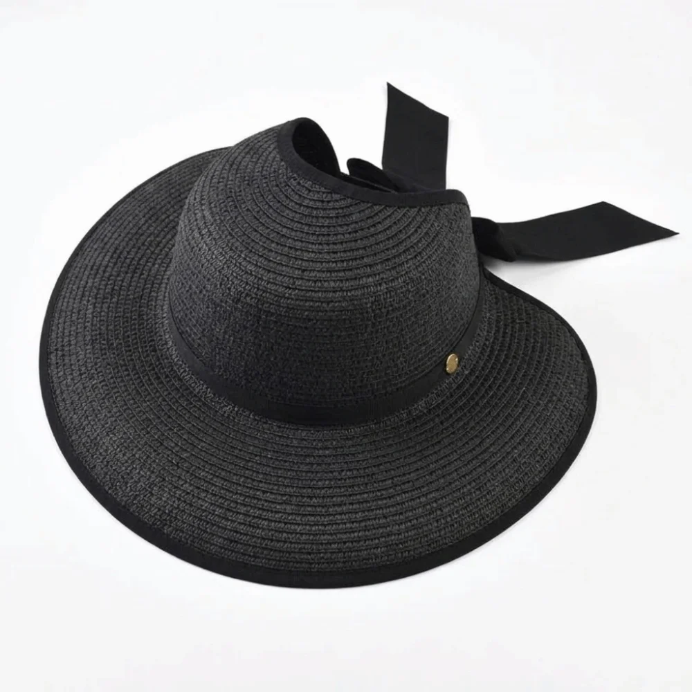 Elegant Round Summer Straw Hat Large Brim Foldable Empty Top Sun Hat Bowknot Design UV Protection Wide Brim Hat for Women