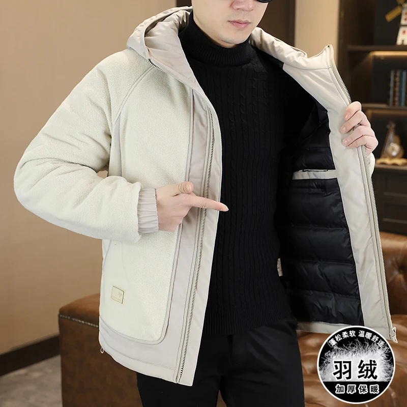 

Casual Men's Warm Lamb Fleece Hooded Duck Down Jacket 2026 Autumn Winter Loose Puffer Coat Outwear Windproof Padded Top Clothing