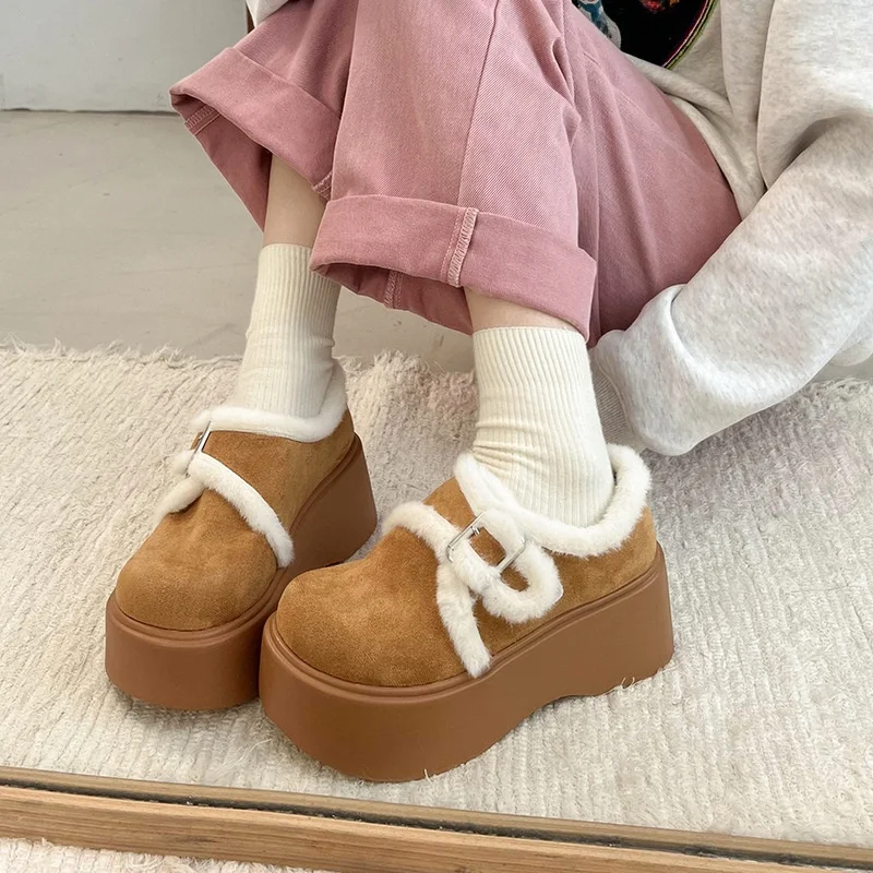 

Warm Fleece Lined Snow Boots Women's Fashion Thick Bottom Heightening Winter Boots Soft Wood Shoes Casual Flat Heel Rubber Sole